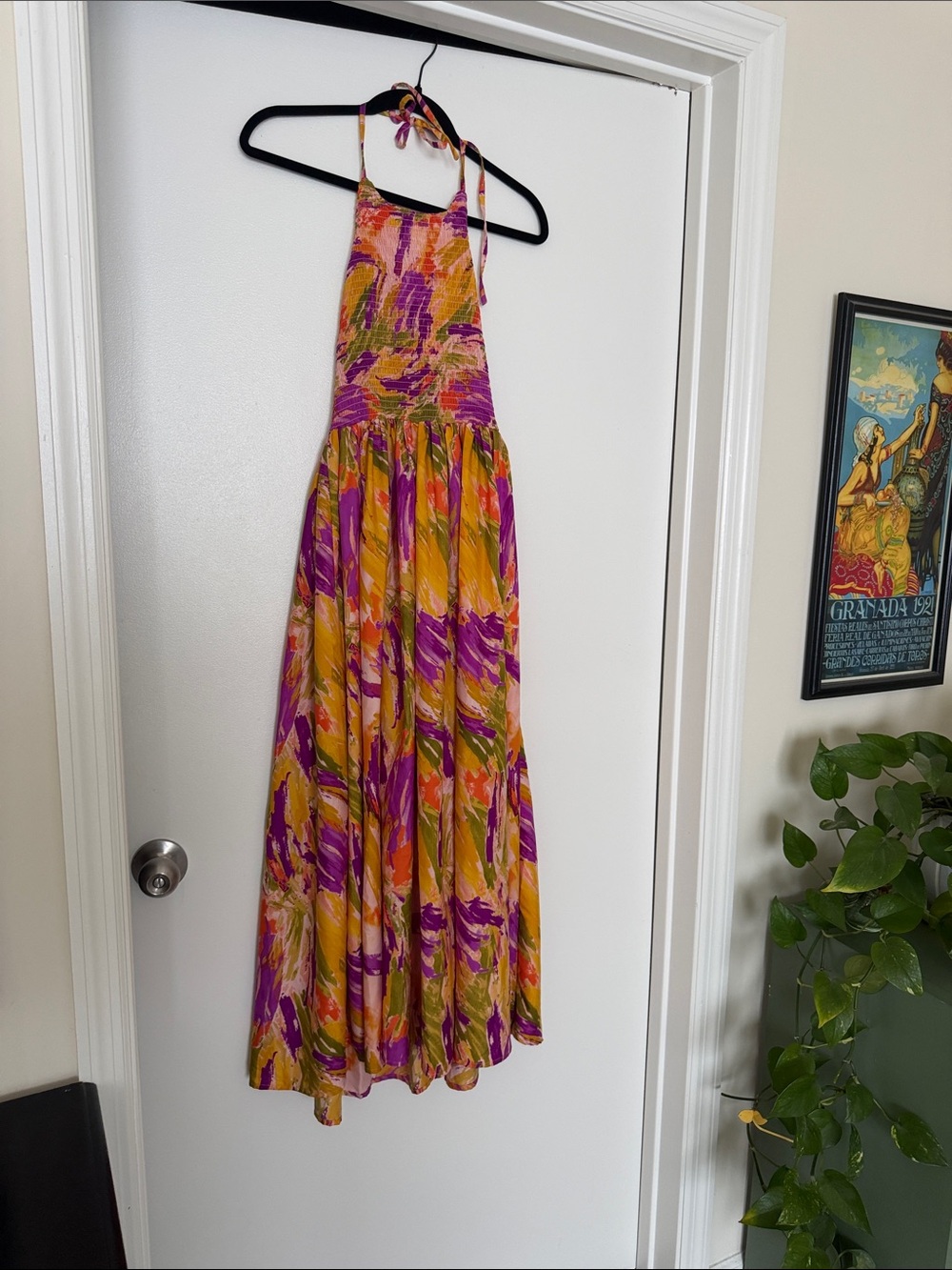 Smocked Halter Maxi Dress in Mustard & Magenta Floral Print size S